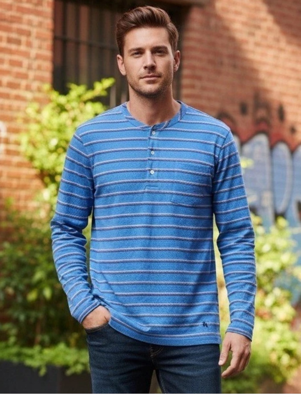 Brooks Brothers Size M Preppy Blue Striped Long-Sleeve Henley Shirt